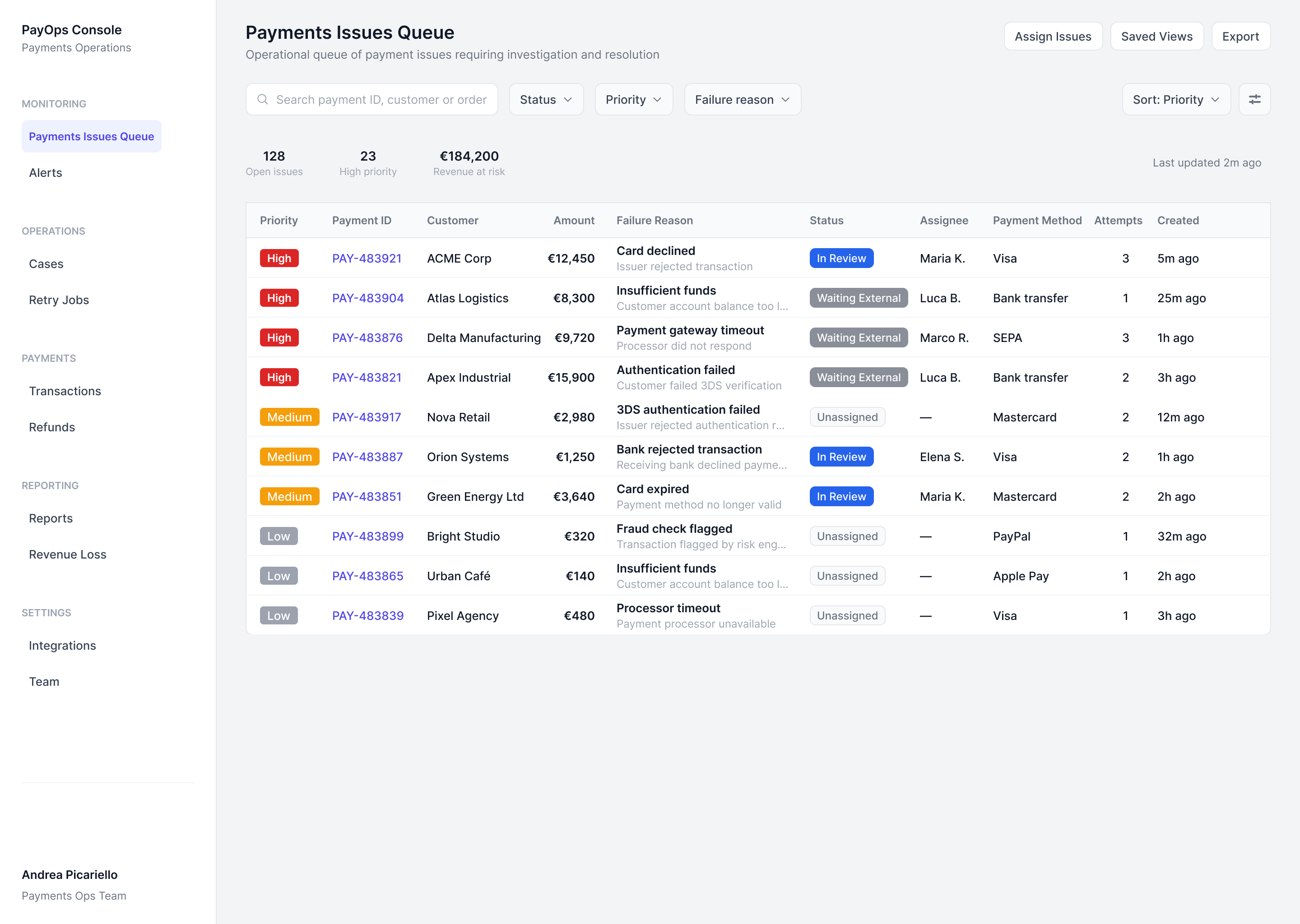 Payment Operations Console — issues queue