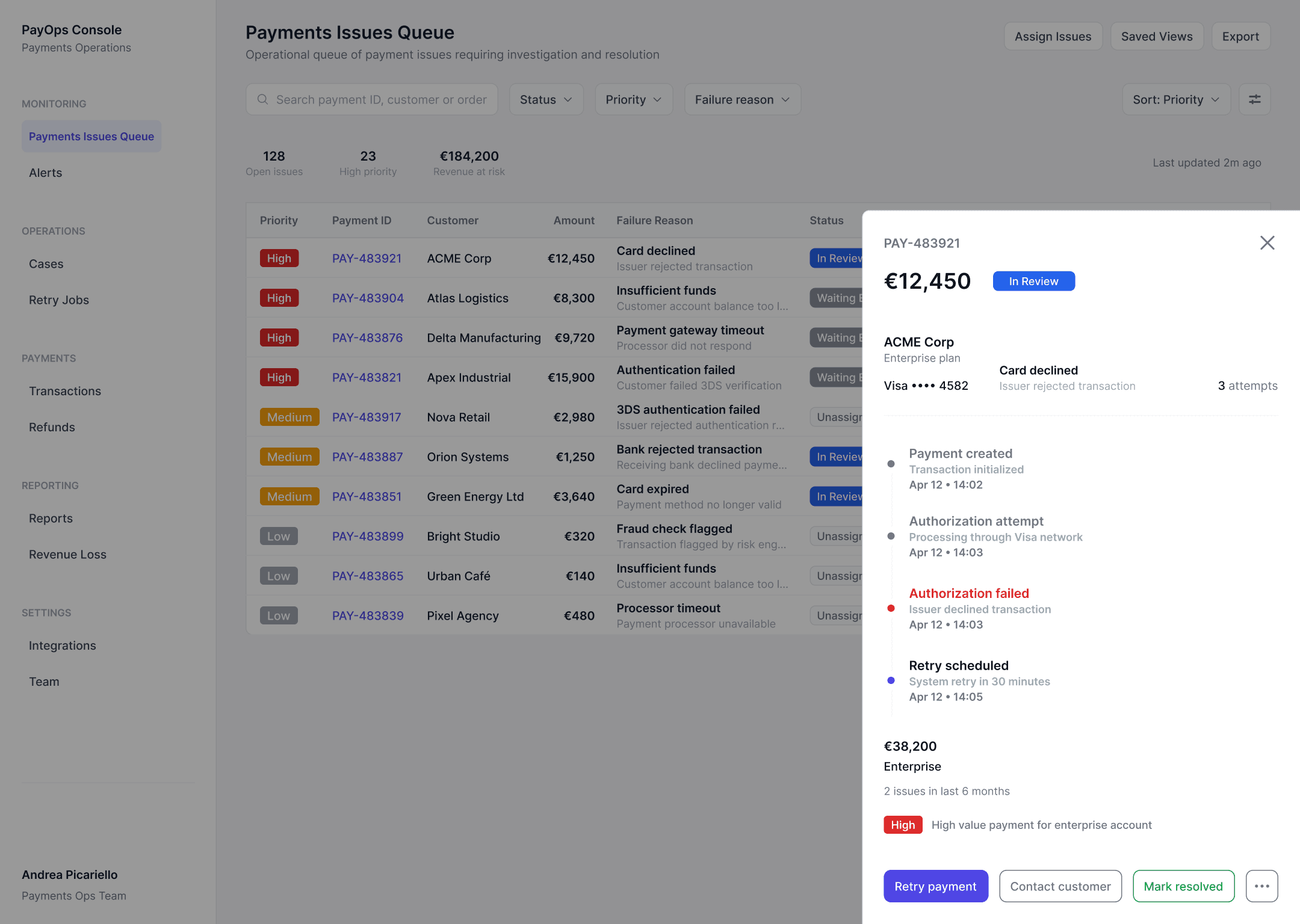 Payment Operations Console — investigation panel