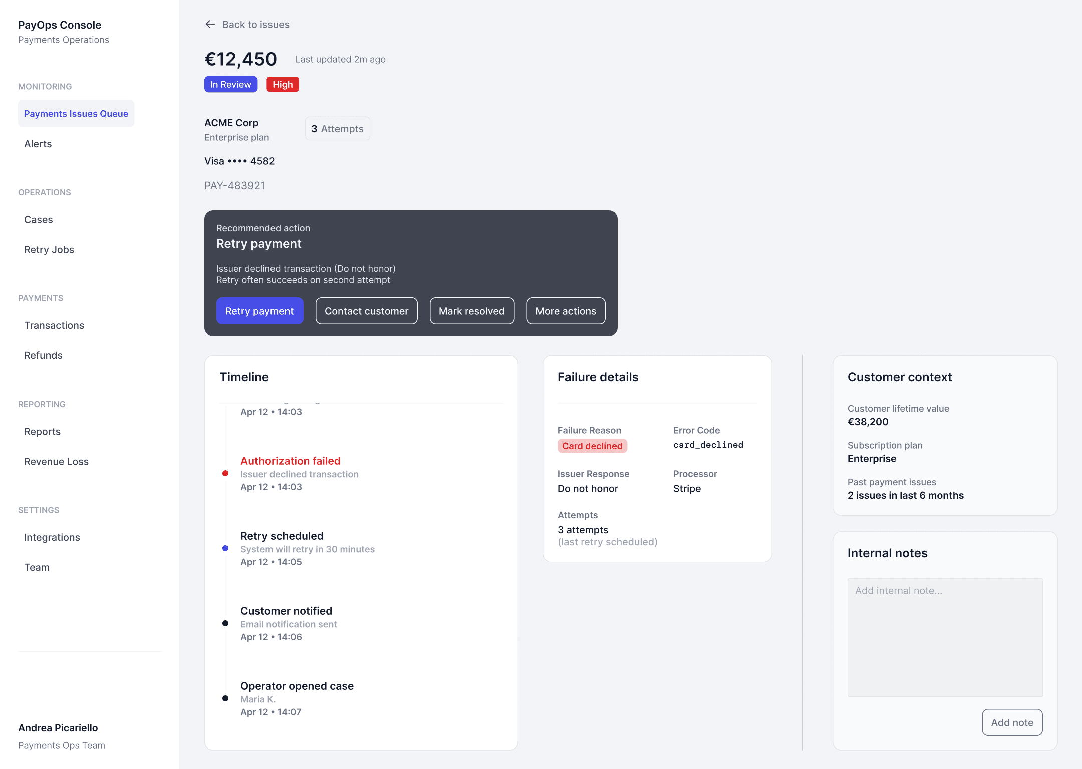 Payment Operations Console — case detail view