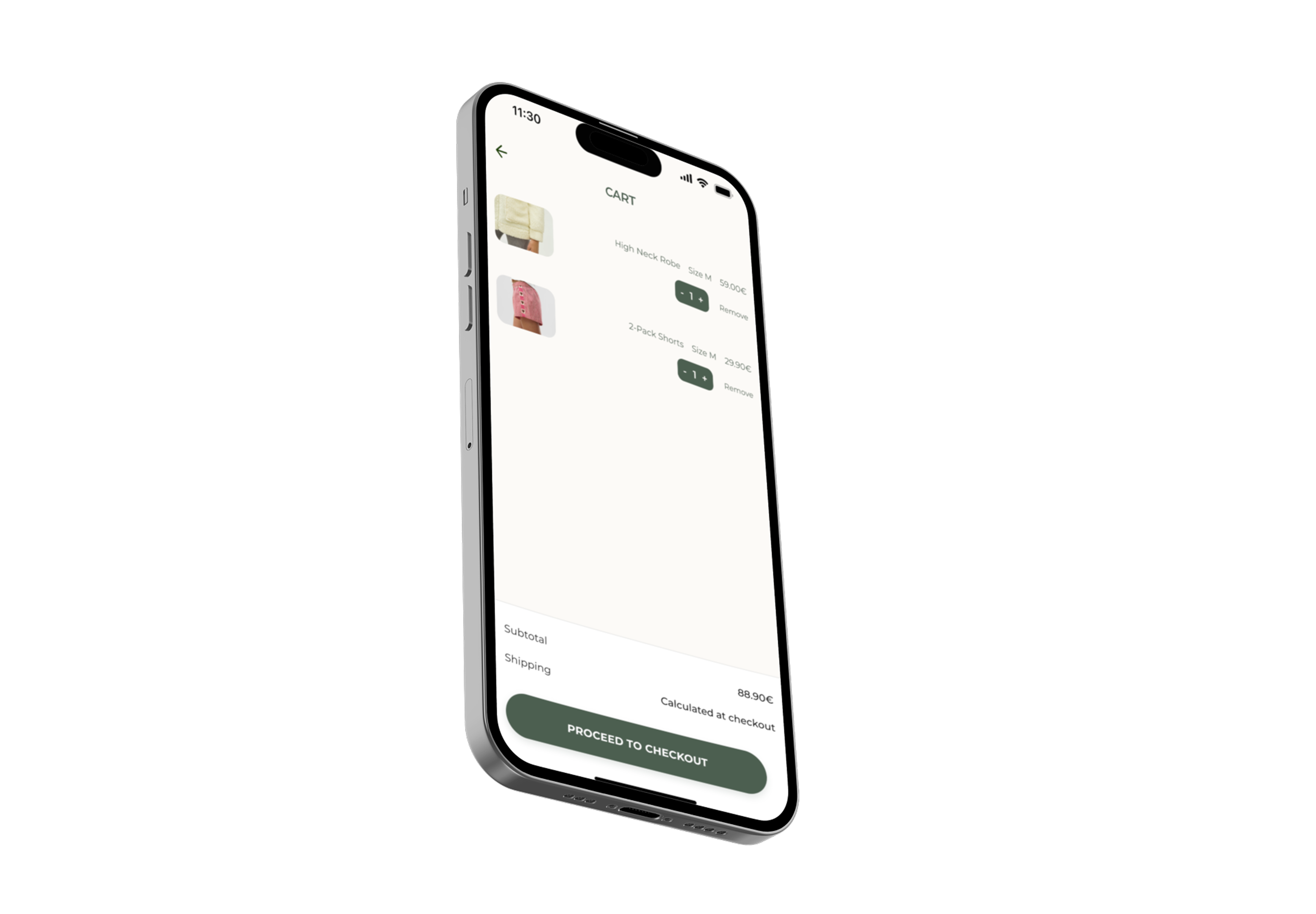 E-commerce purchase flow — mobile screens
